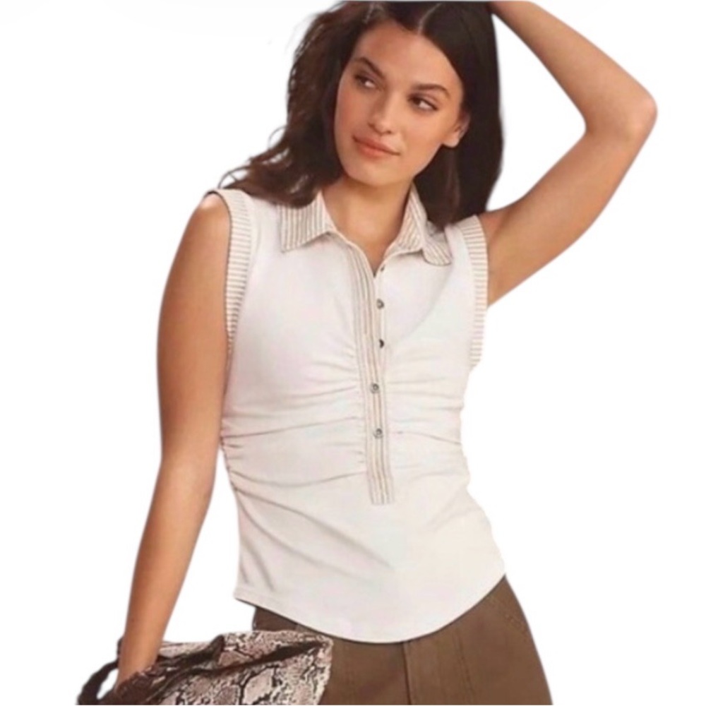 NWT Pilcro Anthropologie Varsity Polo Sleeveless Top Half Button-Up Ivory Size S